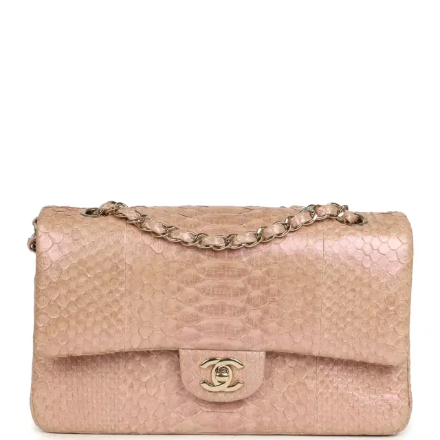 Chanel Pre-owned Chanel Medium Classic Double Flap Bag Iridescent Pink Python Light Gold Hardware