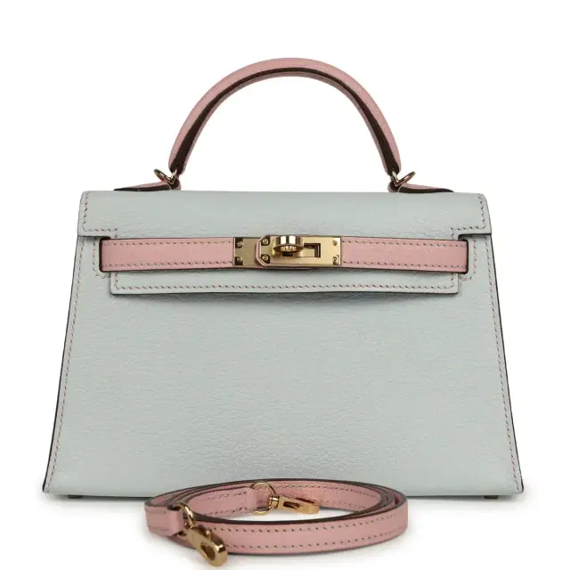 HERMÈS Pre-owned Hermes Special Order (HSS) Kelly Sellier 20 Bleu Brume, Rose Sakura Chevre Permabrass Hardware