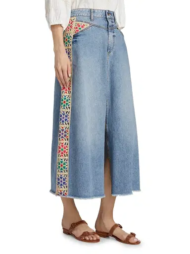 Johnny Was Women's Morgann Floral-Embroidered Cotton Denim Midi-Skirt - Medium Wash | Thumbnail 4 Johnny Was Women's Morgann Floral-Embroidered Cotton Denim Midi-Skirt - Medium Wash | Thumbnail 4