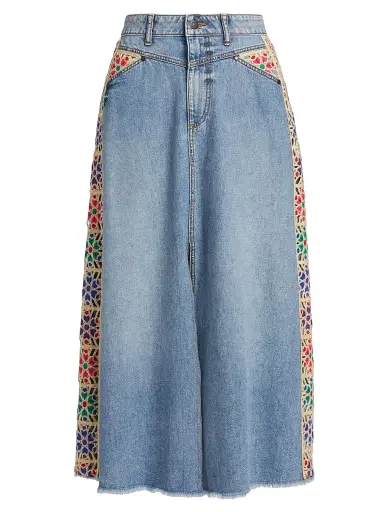 Johnny Was Women's Morgann Floral-Embroidered Cotton Denim Midi-Skirt - Medium Wash | Thumbnail 1 Johnny Was Women's Morgann Floral-Embroidered Cotton Denim Midi-Skirt - Medium Wash | Thumbnail 1