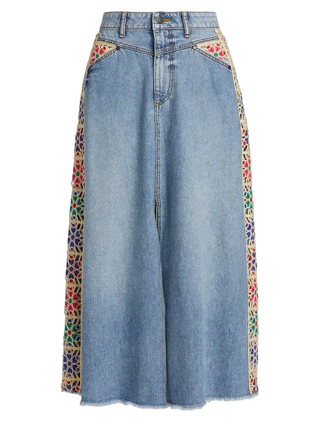 Johnny Was Women's Morgann Floral-Embroidered Cotton Denim Midi-Skirt - Medium Wash