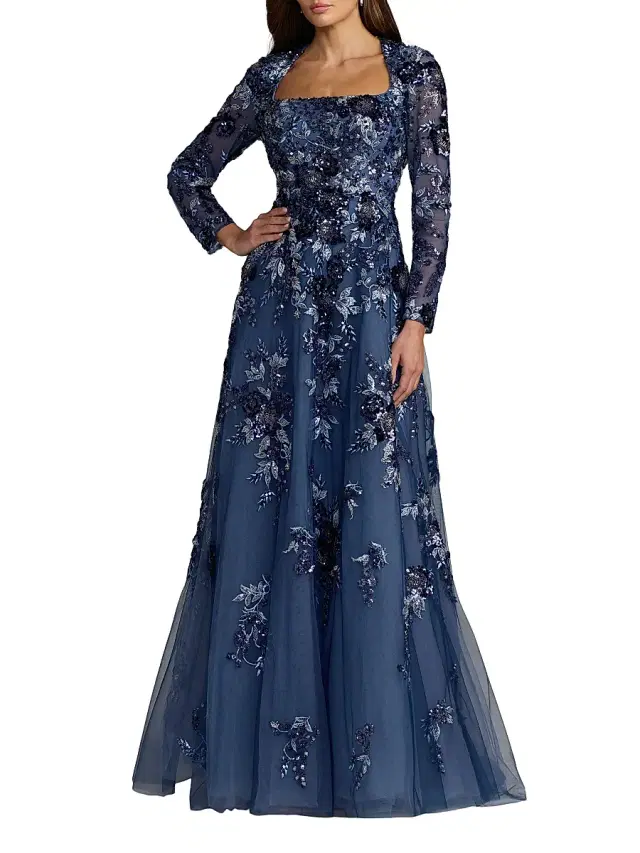 Mac Duggal Women's Embroidered Beaded Mesh Gown - Moody Blue