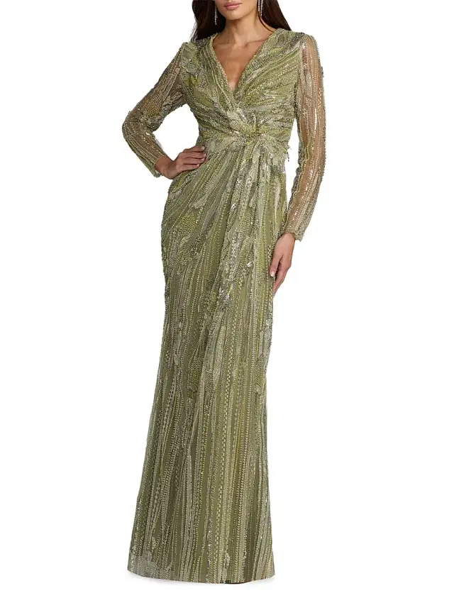 Mac Duggal Women's Embroidered Mesh Long-Sleeve Column Gown - Pistachio