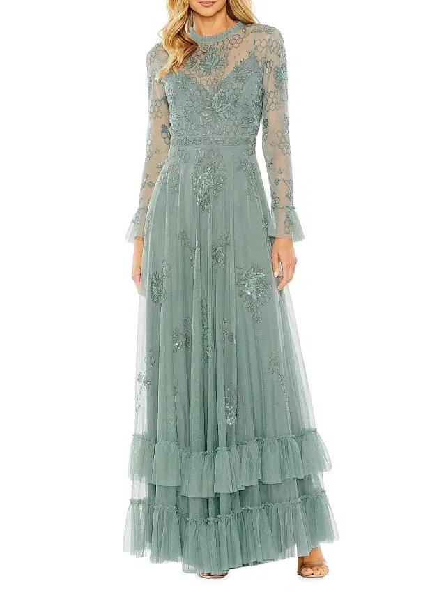 Mac Duggal Women's Tiered Embellished Mesh Flutter-Sleeve Gown - Spruce