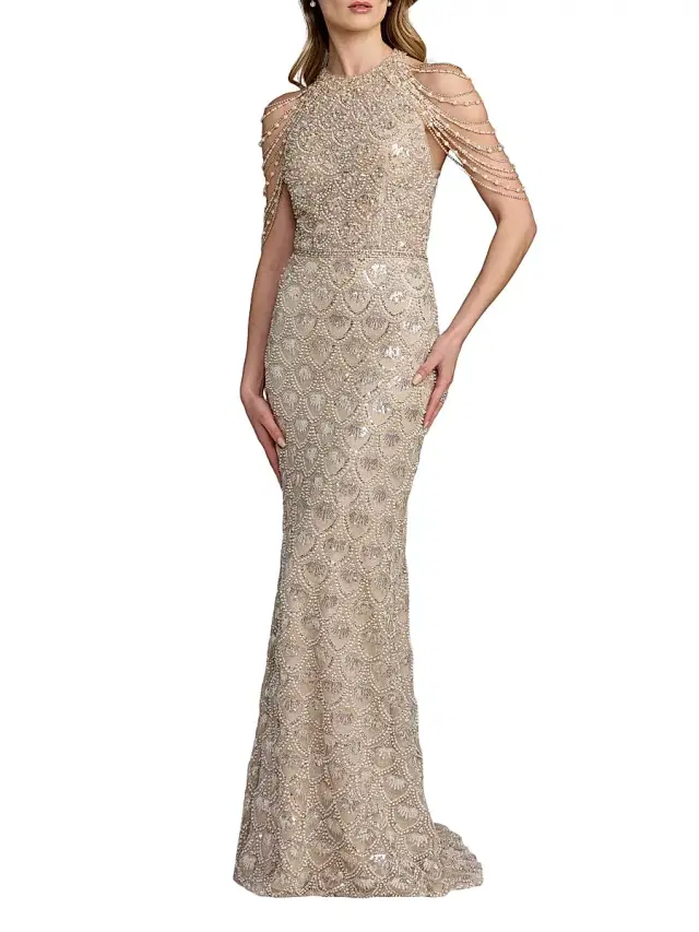 Mac Duggal Women's Draped Pearl-Inspired Beaded Column Gown - Cream Beige