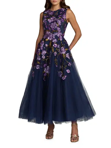 Mac Duggal Women's Floral-Embroidered Tulle Tea-Length Cocktail Dress - Midnight Multi - Size 14 | Thumbnail 1