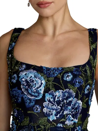 Mac Duggal Women's Floral Embroidered Tulle Tea-Length Cocktail Dress - Blue Multi - Size 16 | Thumbnail 3