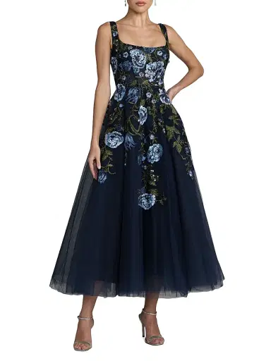 Mac Duggal Women's Floral Embroidered Tulle Tea-Length Cocktail Dress - Blue Multi - Size 16 | Thumbnail 1