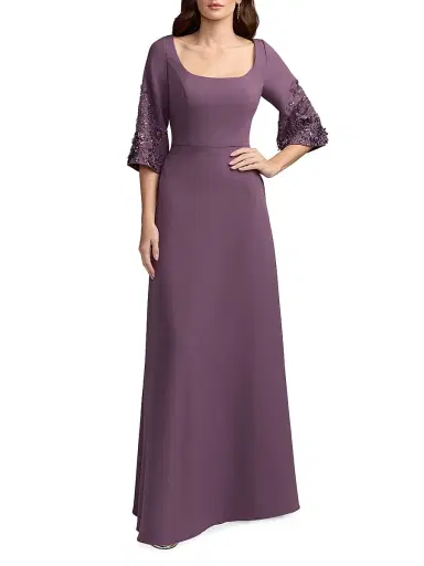 Mac Duggal Women's Evening Beaded-Sleeve Crepe Gown | Thumbnail 1