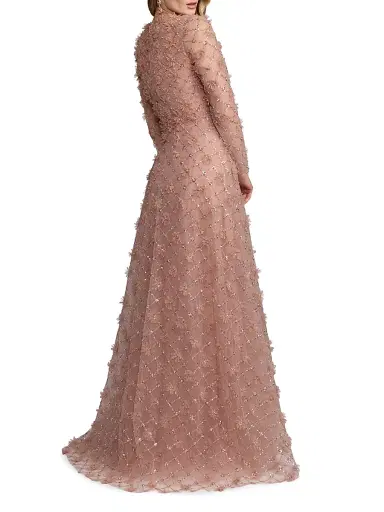 Mac Duggal Women's Beaded Tulle Long-Sleeve A-Line Gown - Mocha | Thumbnail 2 Mac Duggal Women's Beaded Tulle Long-Sleeve A-Line Gown - Mocha | Thumbnail 2