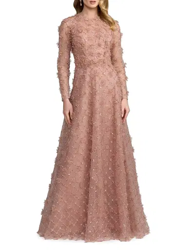 Mac Duggal Women's Beaded Tulle Long-Sleeve A-Line Gown - Mocha | Thumbnail 1 Mac Duggal Women's Beaded Tulle Long-Sleeve A-Line Gown - Mocha | Thumbnail 1