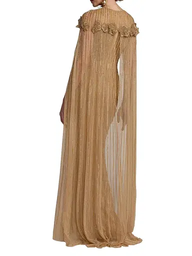 Mac Duggal Women's Floral Beaded Mesh Cape Gown - Beige Gold - Size 16 | Thumbnail 2 Mac Duggal Women's Floral Beaded Mesh Cape Gown - Beige Gold - Size 16 | Thumbnail 2