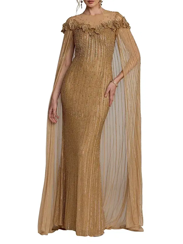 Mac Duggal Women's Floral Beaded Mesh Cape Gown - Beige Gold