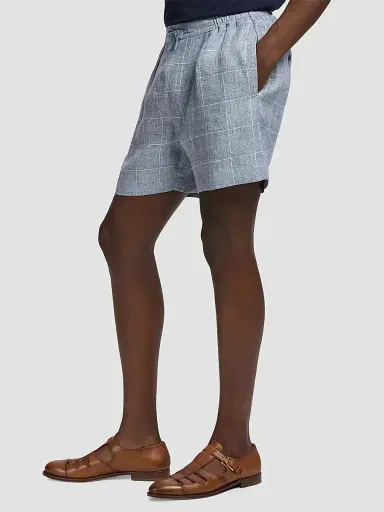 Ralph Lauren Purple Label Men's Glen Windowpane Plaid Flat-Front Linen Shorts - Blue Horizon - Size 38 | Thumbnail 6