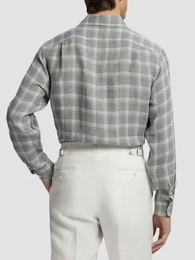 Ralph Lauren Purple Label Men's Linen Twill Plaid Sport Shirt - Pearl Grey - Size XXL | Thumbnail 3