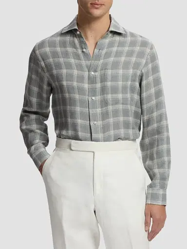 Ralph Lauren Purple Label Men's Linen Twill Plaid Sport Shirt - Pearl Grey - Size XXL | Thumbnail 4