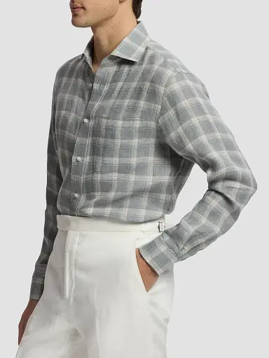 Ralph Lauren Purple Label Men's Linen Twill Plaid Sport Shirt - Pearl Grey - Size XXL | Thumbnail 5
