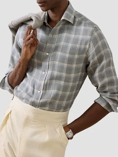 Ralph Lauren Purple Label Men's Linen Twill Plaid Sport Shirt - Pearl Grey - Size XXL | Thumbnail 6