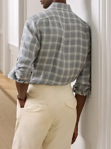 Ralph Lauren Purple Label Men's Linen Twill Plaid Sport Shirt - Pearl Grey - Size XXL | Thumbnail 7