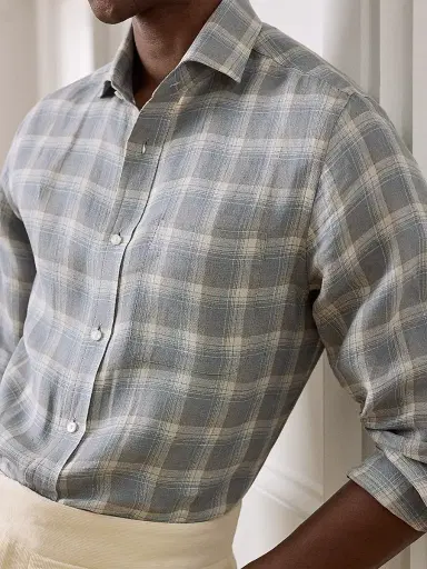 Ralph Lauren Purple Label Men's Linen Twill Plaid Sport Shirt - Pearl Grey - Size XXL | Thumbnail 8