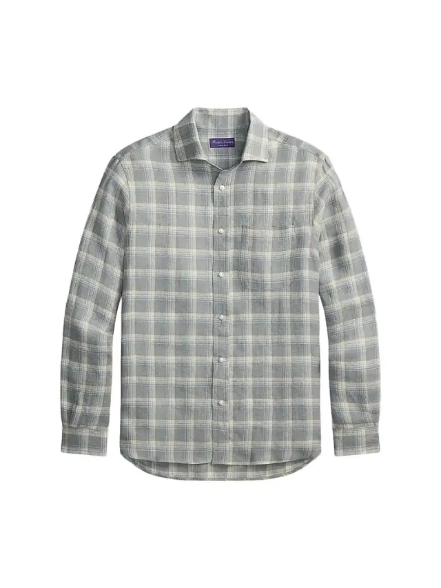 Ralph Lauren Purple Label Men's Linen Twill Plaid Sport Shirt - Pearl Grey