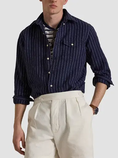 Polo Ralph Lauren Men's Classic-Fit Stripe Linen Pocket Shirt - Navy White | Thumbnail 4 Polo Ralph Lauren Men's Classic-Fit Stripe Linen Pocket Shirt - Navy White | Thumbnail 4