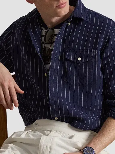 Polo Ralph Lauren Men's Classic-Fit Stripe Linen Pocket Shirt - Navy White | Thumbnail 5 Polo Ralph Lauren Men's Classic-Fit Stripe Linen Pocket Shirt - Navy White | Thumbnail 5