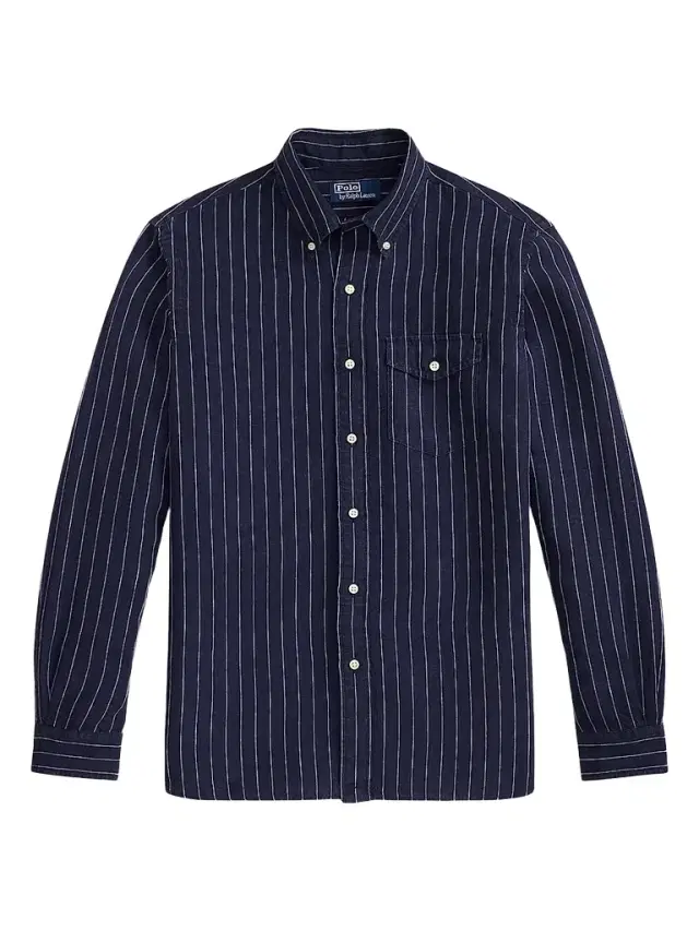 Men's Classic-Fit Stripe Linen Pocket Shirt - Navy White