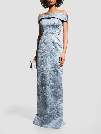Teri Jon by Rickie Freeman Women's Jacquard Off-The-Shoulder Gown - Slate - Size 18 | Thumbnail 2