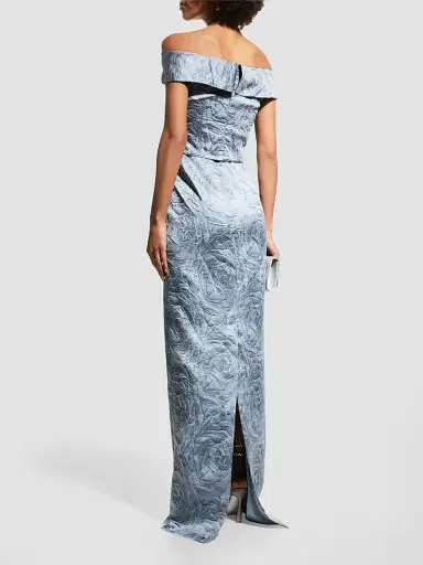 Teri Jon by Rickie Freeman Women's Jacquard Off-The-Shoulder Gown - Slate - Size 18 | Thumbnail 3
