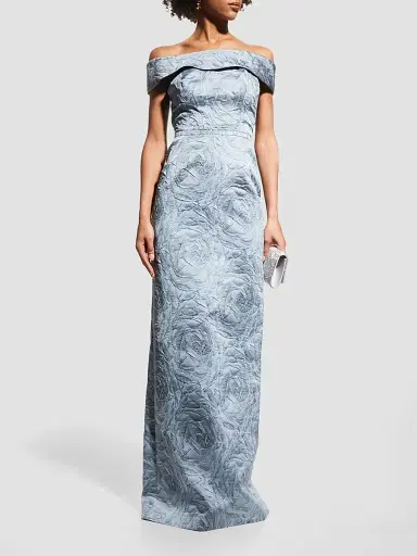 Teri Jon by Rickie Freeman Women's Jacquard Off-The-Shoulder Gown - Slate - Size 18 | Thumbnail 4