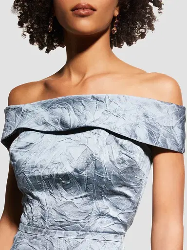 Teri Jon by Rickie Freeman Women's Jacquard Off-The-Shoulder Gown - Slate - Size 18 | Thumbnail 5