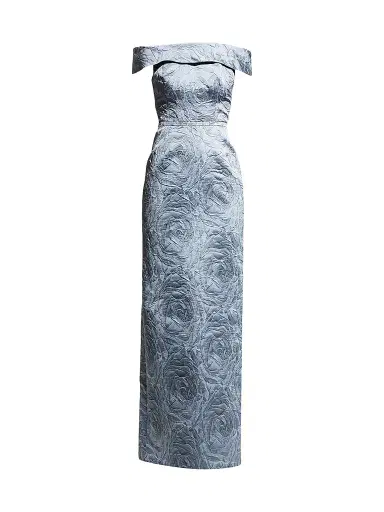 Teri Jon by Rickie Freeman Women's Jacquard Off-The-Shoulder Gown - Slate - Size 18 | Thumbnail 1