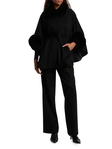 Sofia Cashmere Women's Faux-Fur Cashmere Belted Cape - Black - Size Small | Thumbnail 2