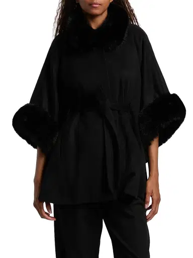 Sofia Cashmere Women's Faux-Fur Cashmere Belted Cape - Black - Size Small | Thumbnail 3