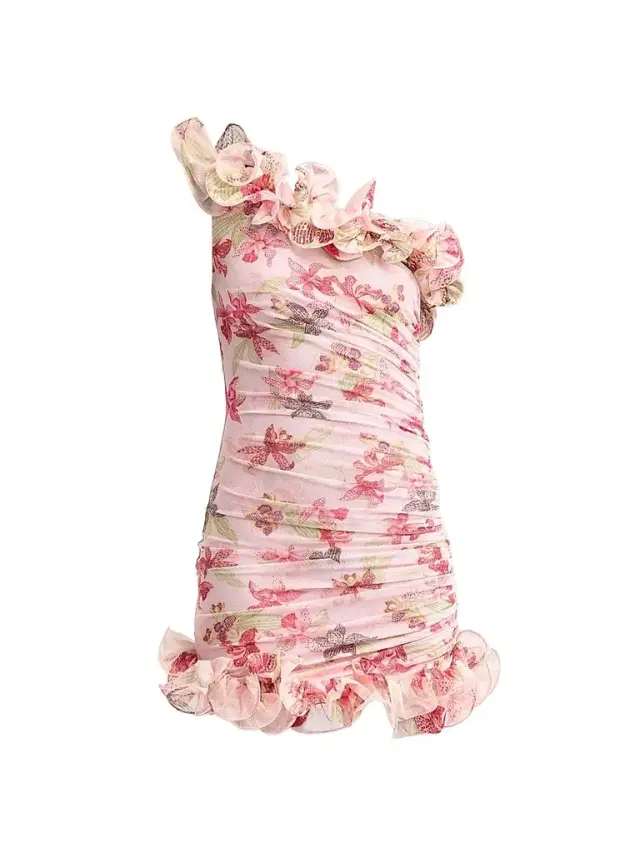 PatBO Women's Orchid Bloom One-Shoulder Chiffon Mini Dress - Rose