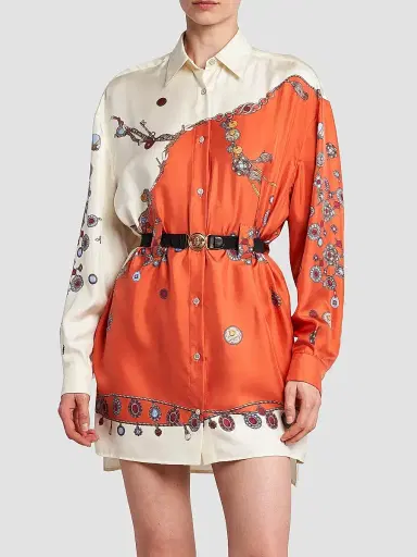 Versace Women's La Vacanza Stolen Jewels Print Silk Shirtdress - Burgundy White Gold - Size 12 | Thumbnail 3