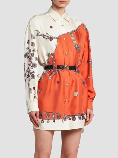 Versace Women's La Vacanza Stolen Jewels Print Silk Shirtdress - Burgundy White Gold - Size 12 | Thumbnail 4