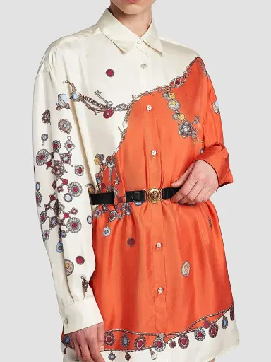 Versace Women's La Vacanza Stolen Jewels Print Silk Shirtdress - Burgundy White Gold - Size 12 | Thumbnail 6