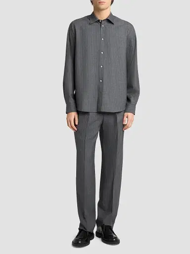 Jil Sander Men's Pinstripe Check Wool Button-Front Shirt - Koala - Size 16 | Thumbnail 2