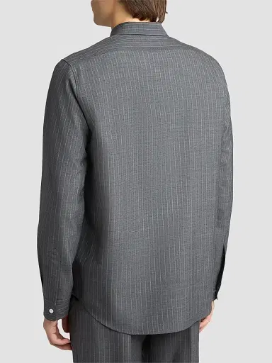 Jil Sander Men's Pinstripe Check Wool Button-Front Shirt - Koala - Size 16 | Thumbnail 3
