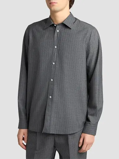 Jil Sander Men's Pinstripe Check Wool Button-Front Shirt - Koala - Size 16 | Thumbnail 4