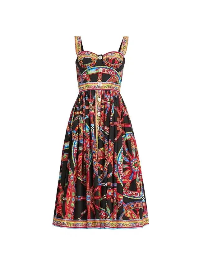 Women's Geometric Cotton Sweetheart Midi-Dress - Variante Abbinata - Size 14 Women's Geometric Cotton Sweetheart Midi-Dress - Variante Abbinata - Size 14