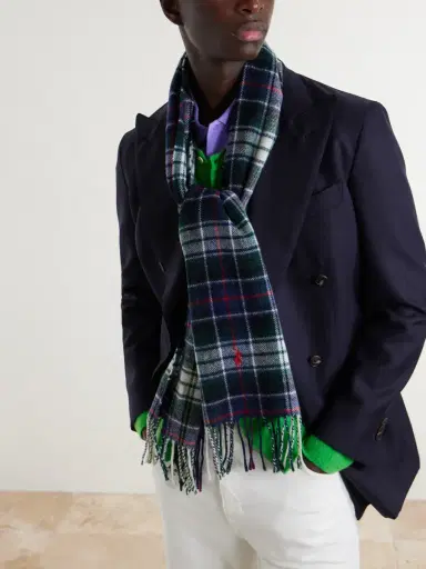 Polo Ralph Lauren Logo-Embroidered Fringed Checked Recycled Wool-Blend Scarf - Men | Thumbnail 3