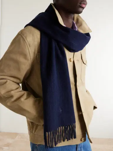 Polo Ralph Lauren Logo-Embroidered Fringed Cashmere and Wool-Blend Scarf - Men | Thumbnail 3