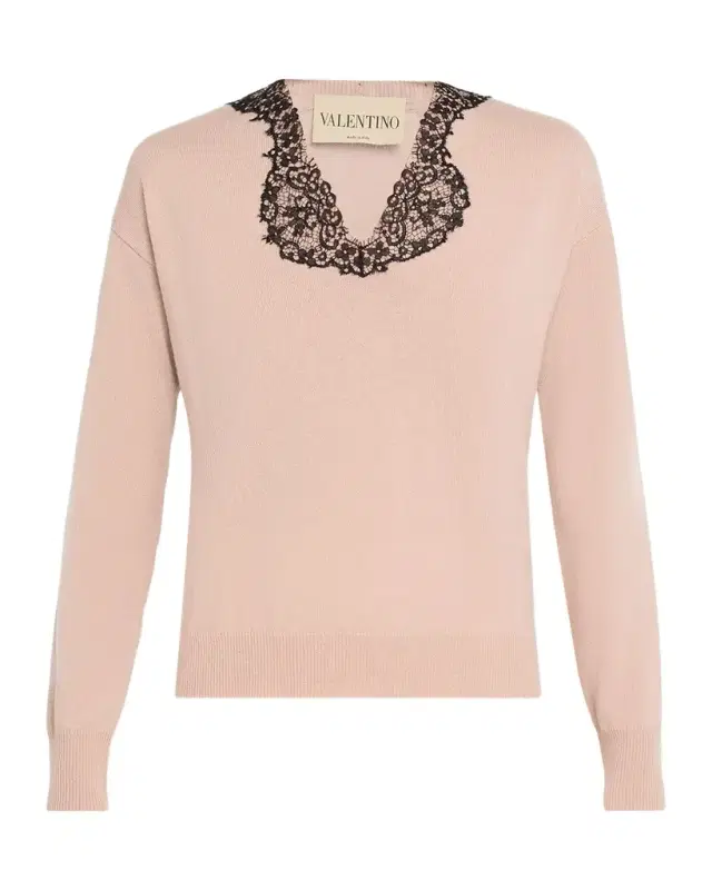 Valentino Garavani Lace-Trim V-Neck Cashmere Sweater