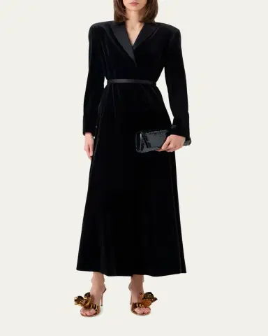 Akris Satin-Lapel Belted Velvet Midi Tuxedo Dress | Thumbnail 2