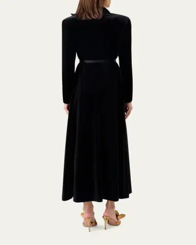 Akris Satin-Lapel Belted Velvet Midi Tuxedo Dress | Thumbnail 3