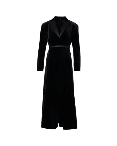 Akris Satin-Lapel Belted Velvet Midi Tuxedo Dress | Thumbnail 1