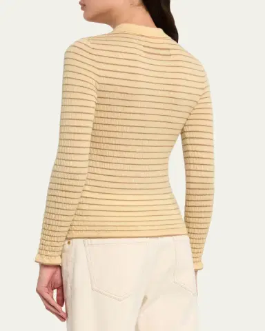 Guest In Residence Smocked Striped Long-Sleeve Polo | Thumbnail 3